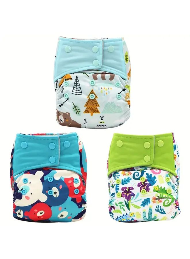 Green Bear 3pcs Washable Reusable Adjustable Cloth Diaper Set for Babies 0 2 Years - Image 1